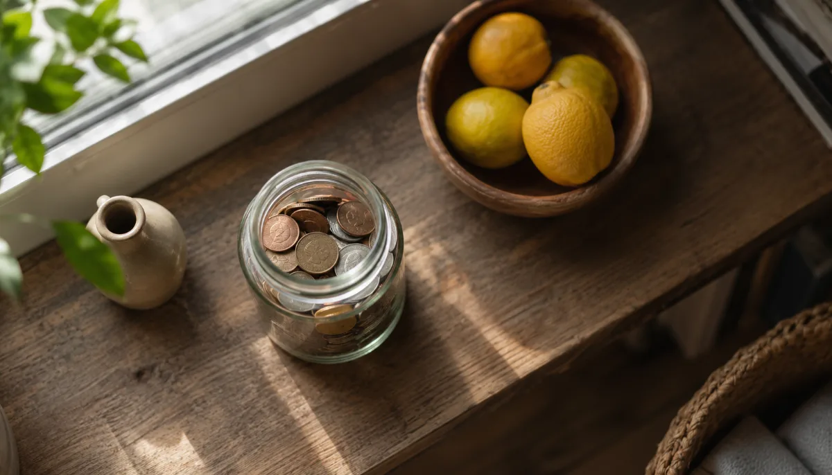 Glass jar of saved coins on a wooden shelf
