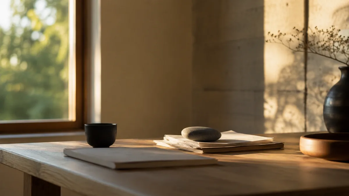 Calm minimalist interior with natural light and a few simple objects