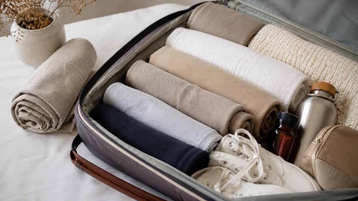 Open carry-on backpack with neatly rolled clothes and travel essentials