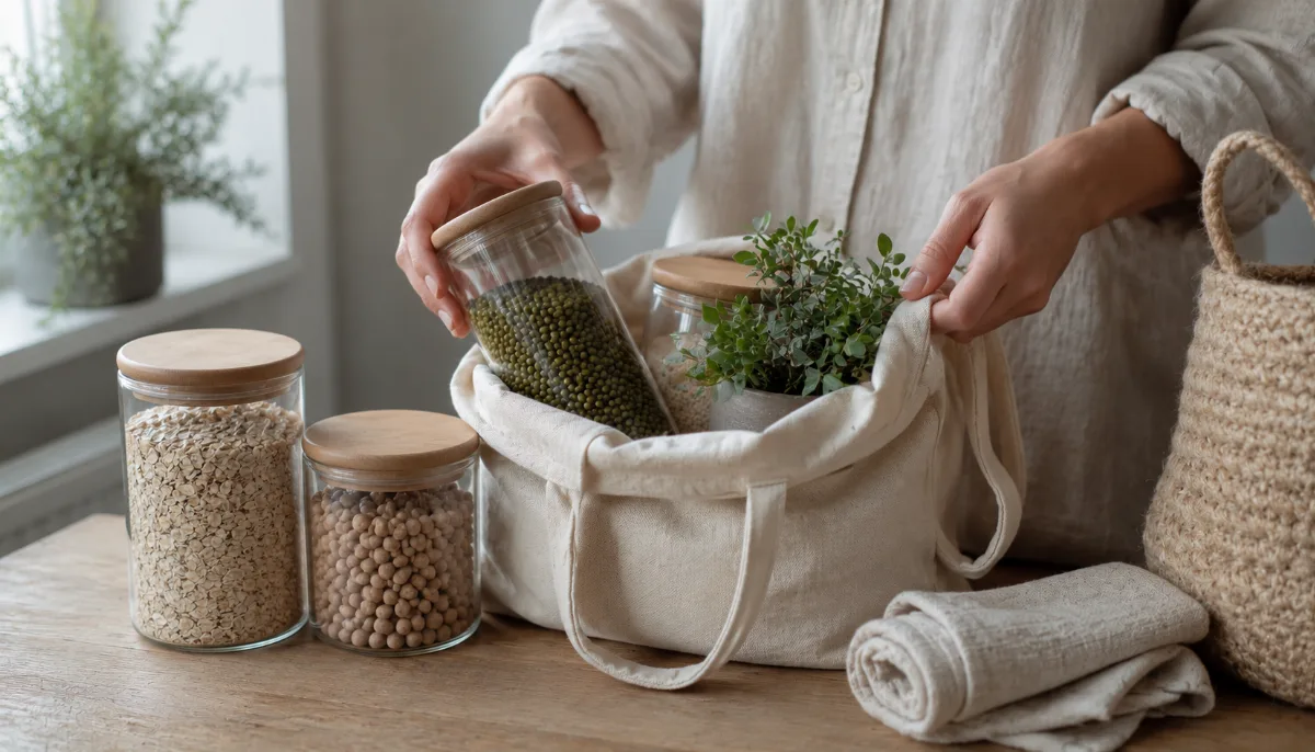 Reusable jars and a cloth bag with a small potted plant