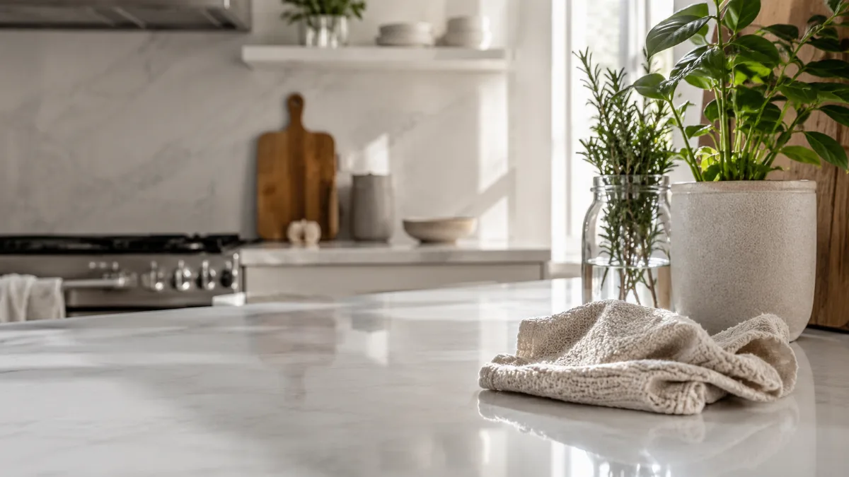 Freshly wiped kitchen counter with a cloth and a small plant