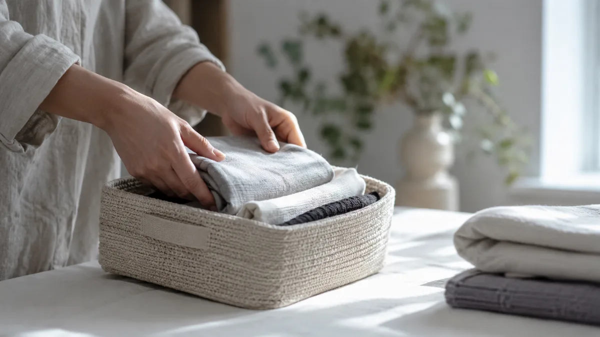 Hands folding items into a small storage basket