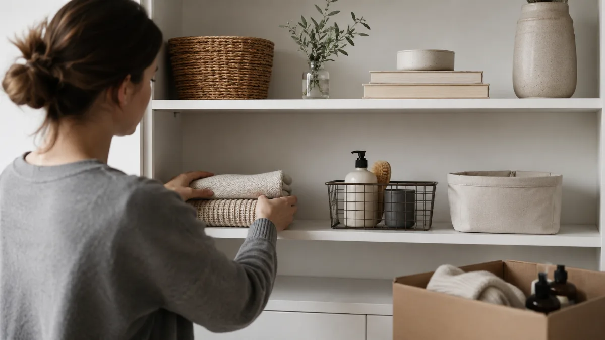 Tidy shelf mid-organization with a few items set aside in a box
