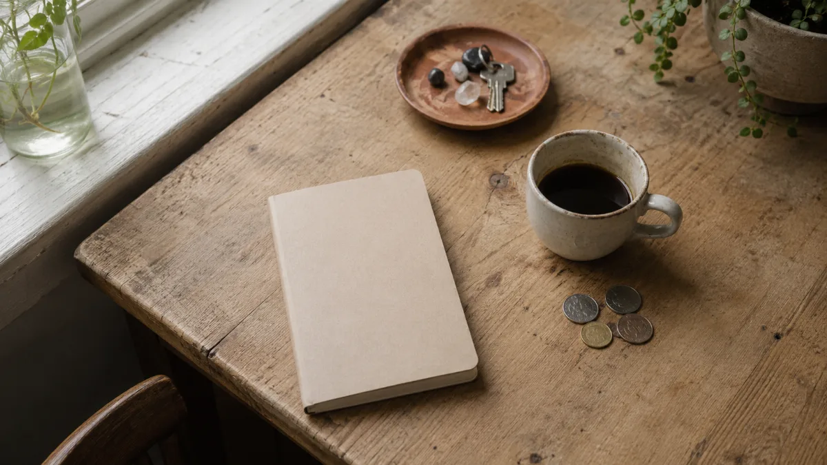 Kitchen table with a plain notebook, coins and a coffee cup