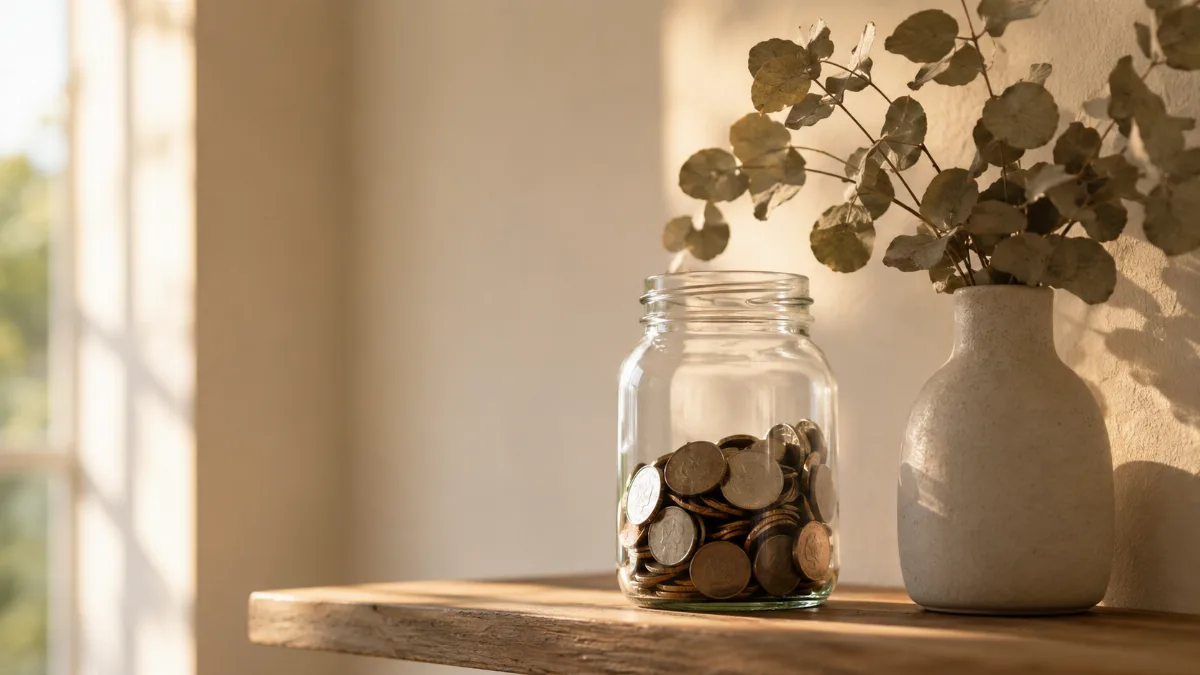 Glass jar of saved coins on a wooden shelf