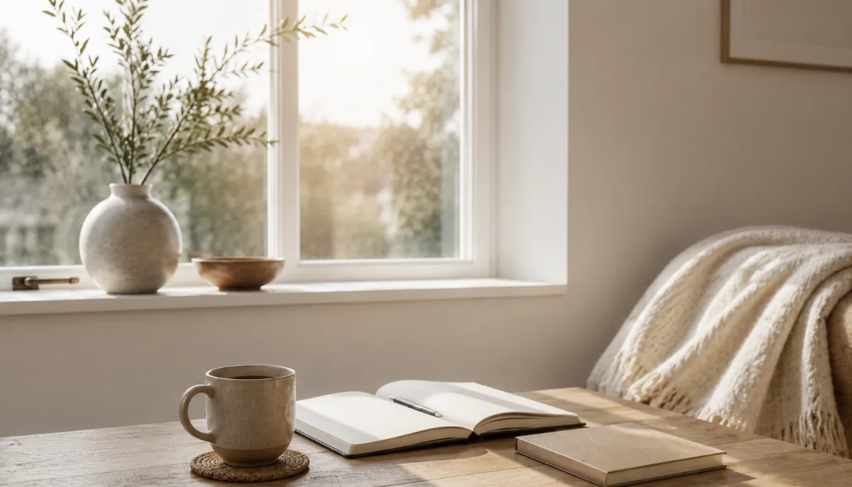 Bright morning scene with coffee and a notebook by a window