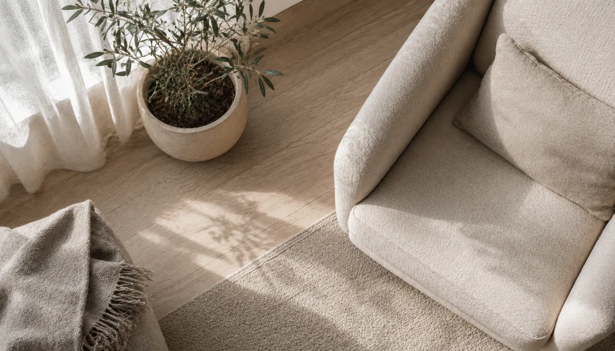 Minimalist seating corner with a single plant and a throw