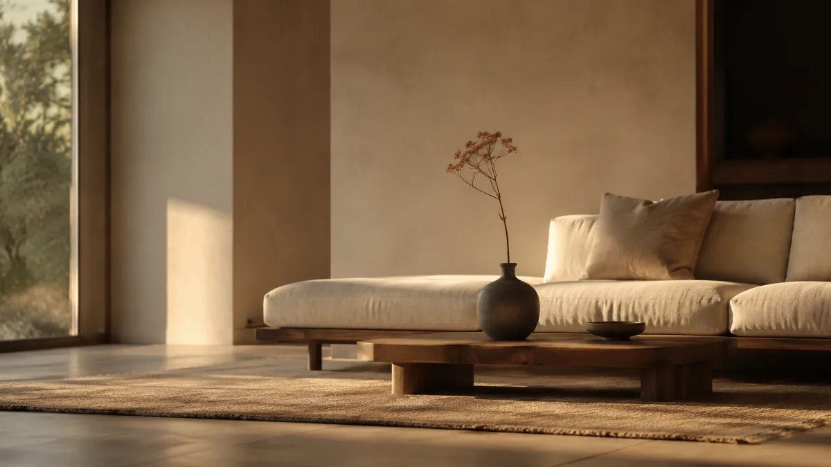 Calm, uncluttered living space with simple low furniture