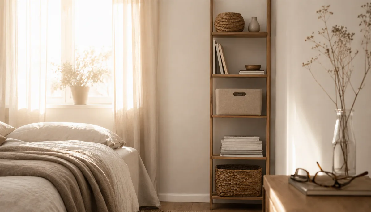 Slim vertical shelving making use of a narrow wall in a small room
