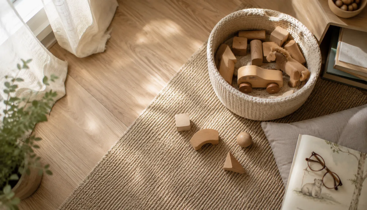 Tidy children's play corner with a few wooden toys in a soft basket