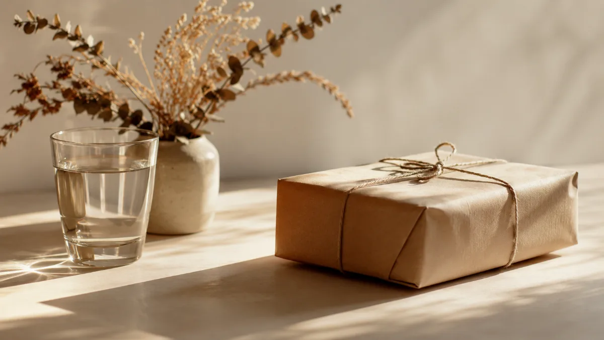 Single wrapped parcel tied with string beside dried foliage