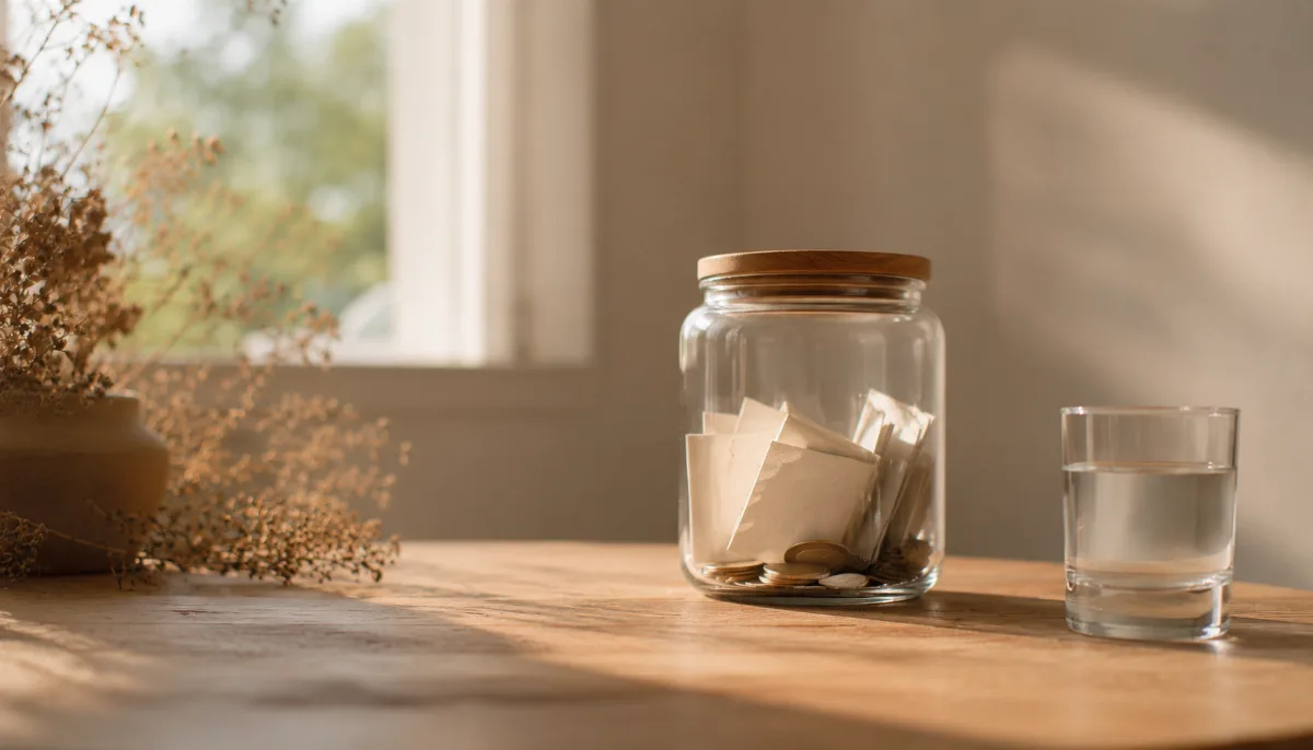 Glass jar holding folded notes and coins on a wooden surface