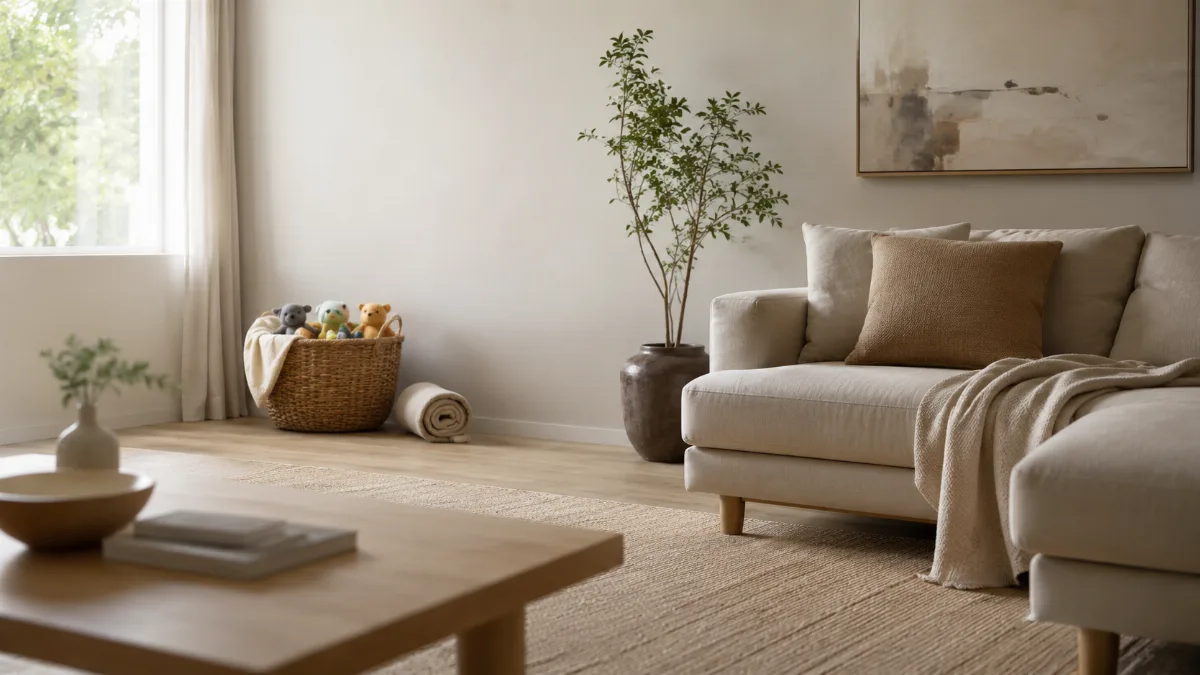 Family living room with a basket of toys neatly tucked away