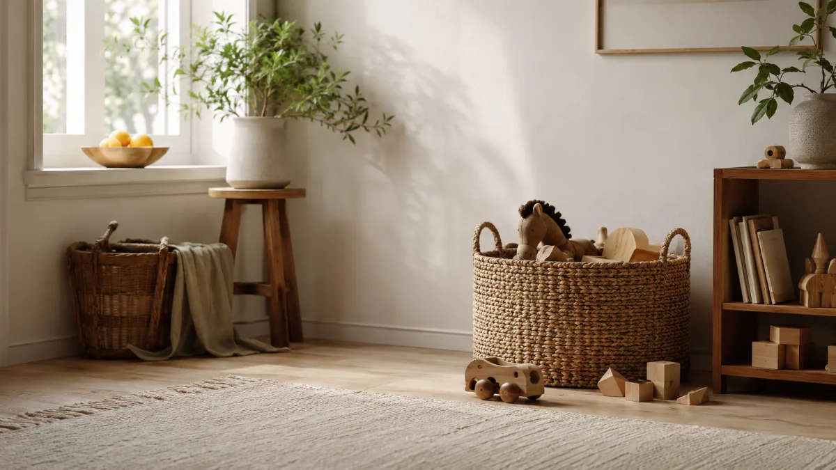Tidy children's play corner with a few wooden toys in a soft basket