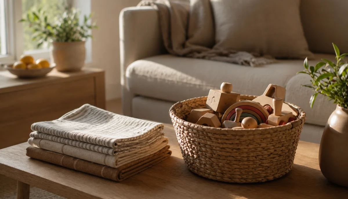 Family living room with a basket of toys neatly tucked away