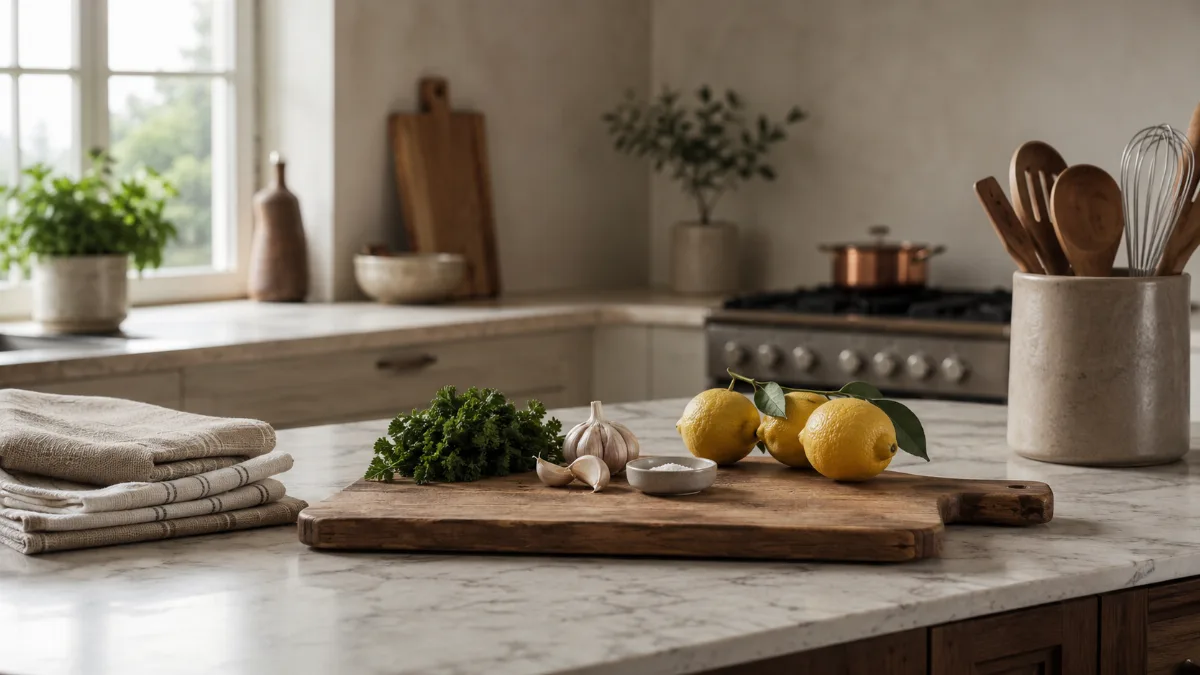 Calm kitchen counter with fresh simple ingredients on a wooden board