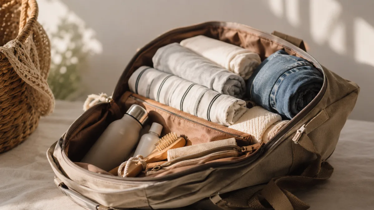 Open carry-on backpack with neatly rolled clothes and travel essentials