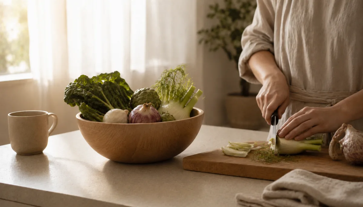 Wooden bowl of vegetables beside a chopping board