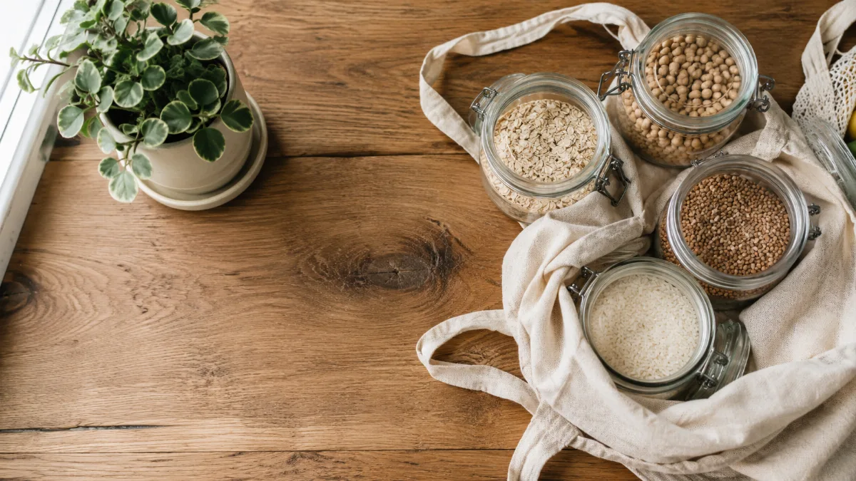 Reusable glass jars, a cloth bag and a small potted plant on a wooden surface