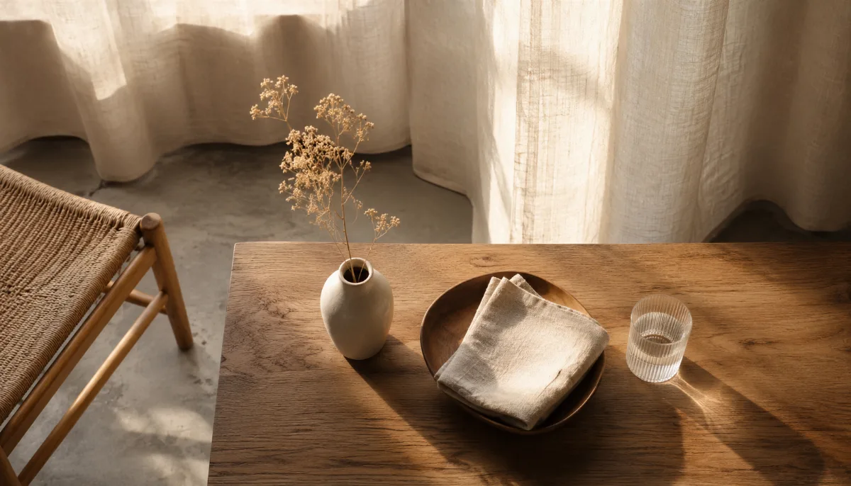 Calm minimalist interior with natural light and a few simple objects