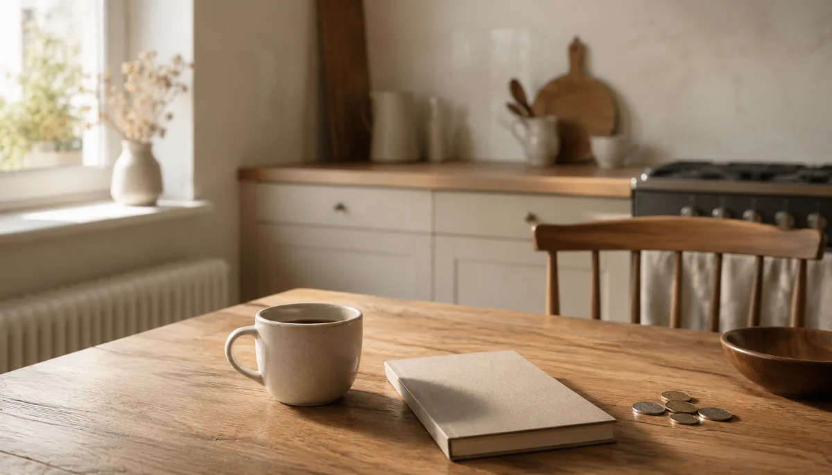 Kitchen table with a plain notebook, a few coins and a cup of coffee