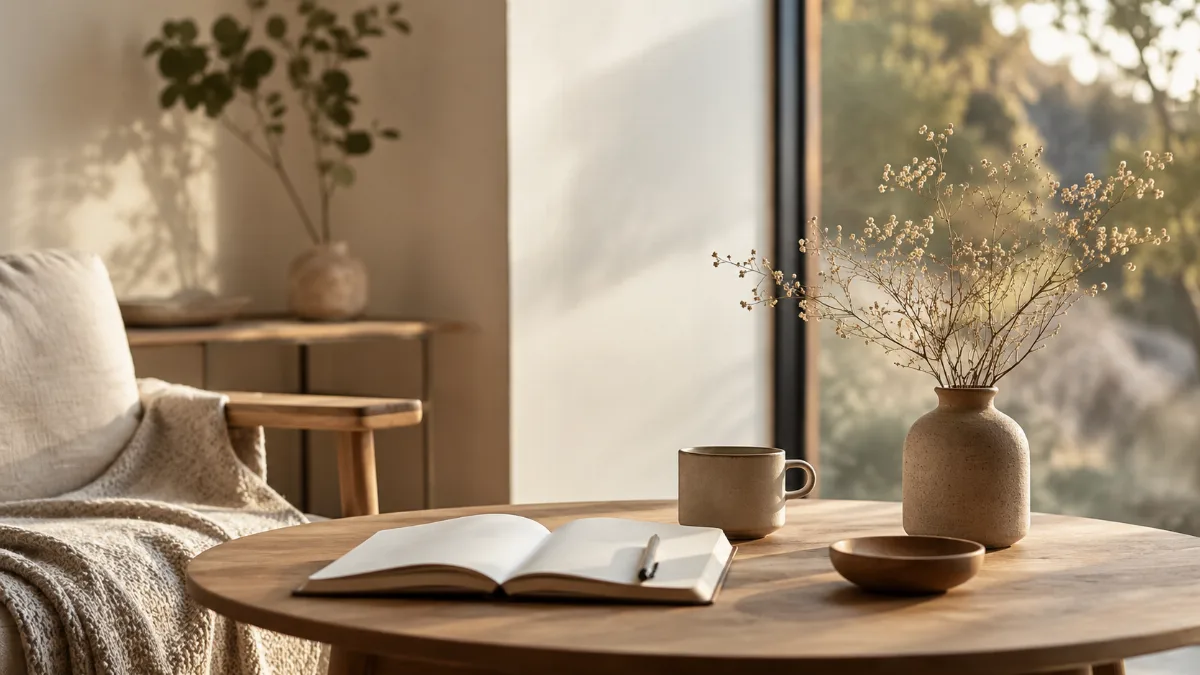 Serene styled vignette with neutral tones and soft daylight