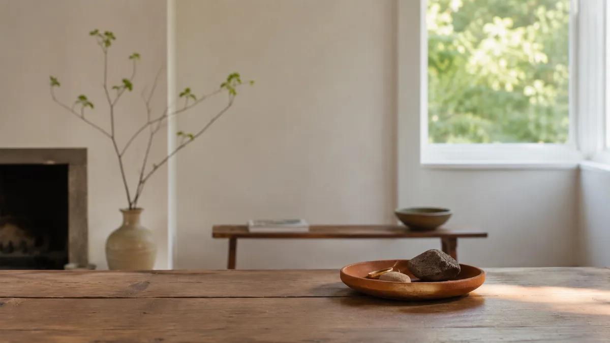 Calm minimalist interior with natural light and a few simple objects