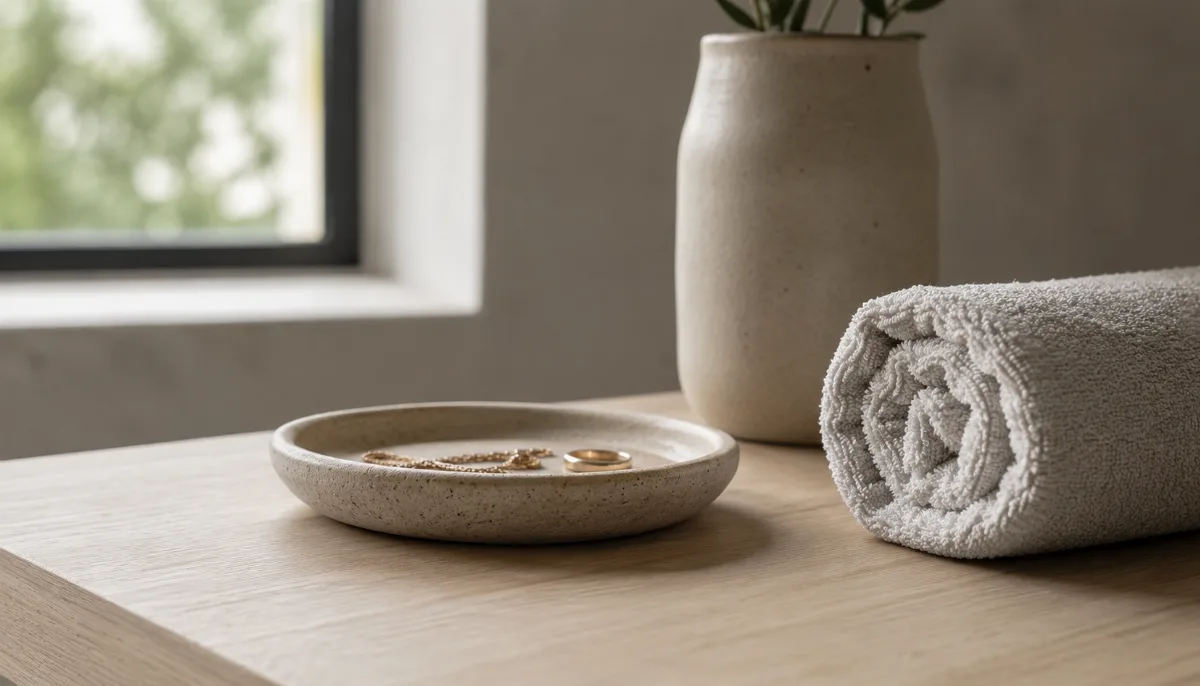 Serene styled vignette with neutral tones and soft daylight
