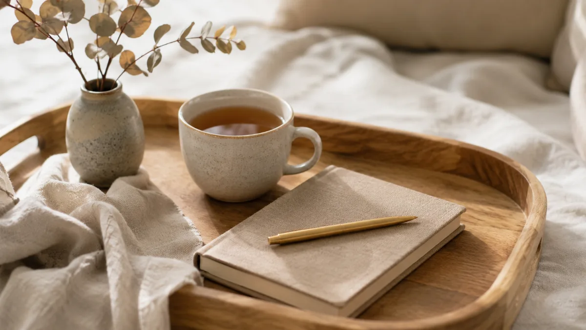 Simple morning tray with tea and a journal