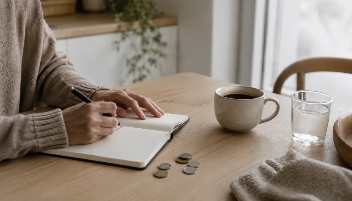 Kitchen table with a plain notebook, a few coins and a cup of coffee