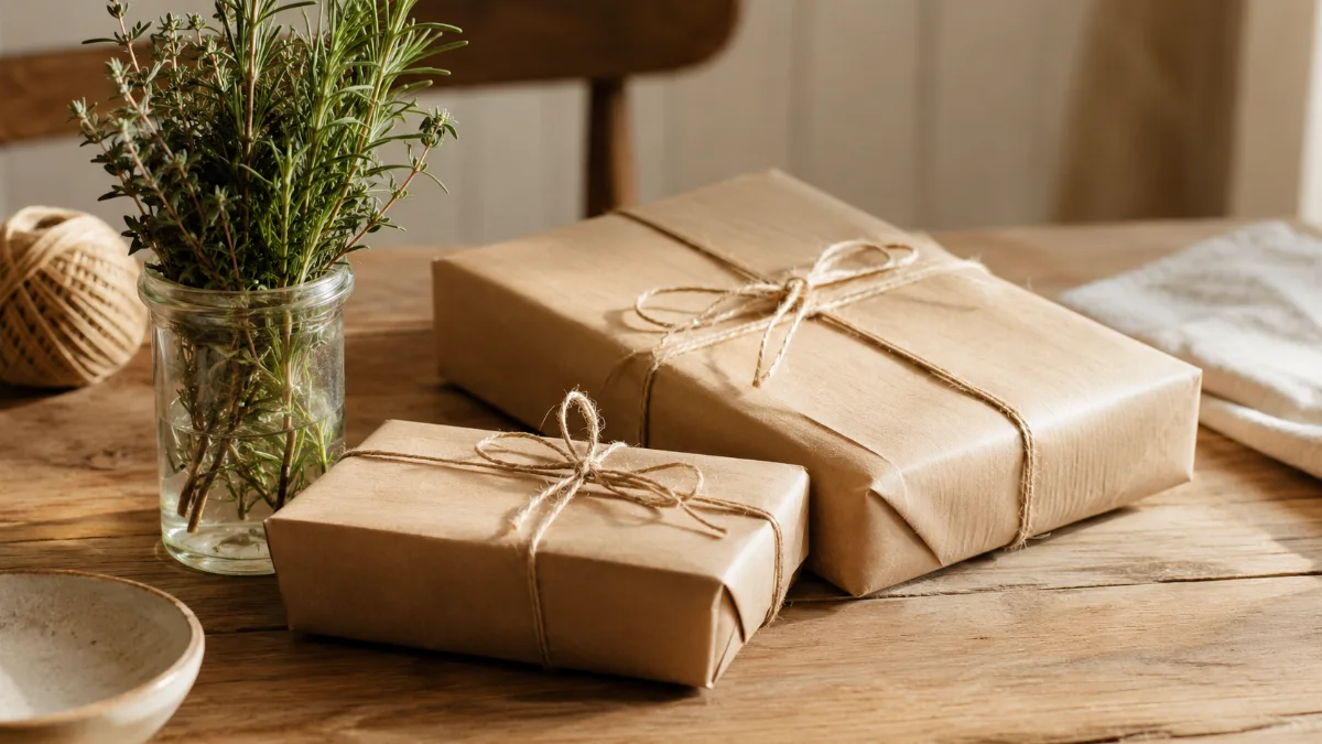 Simply wrapped gifts in plain kraft paper with natural twine on a table