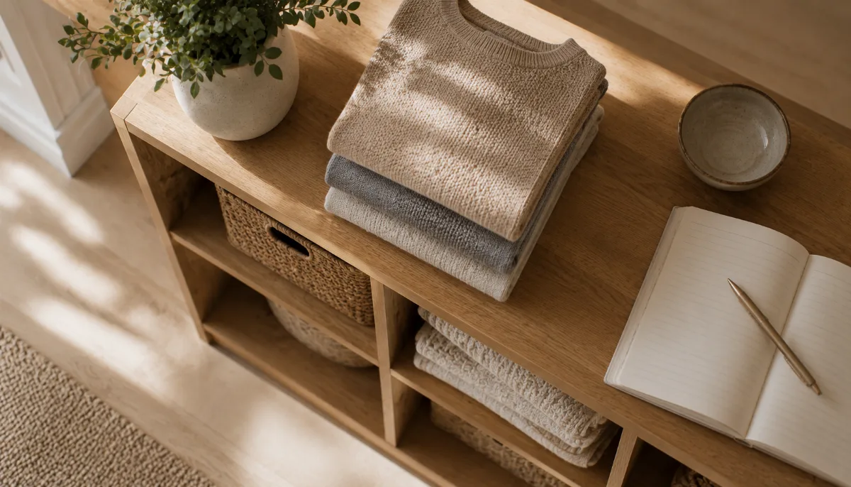 Folded sweaters stacked neatly on an open shelf