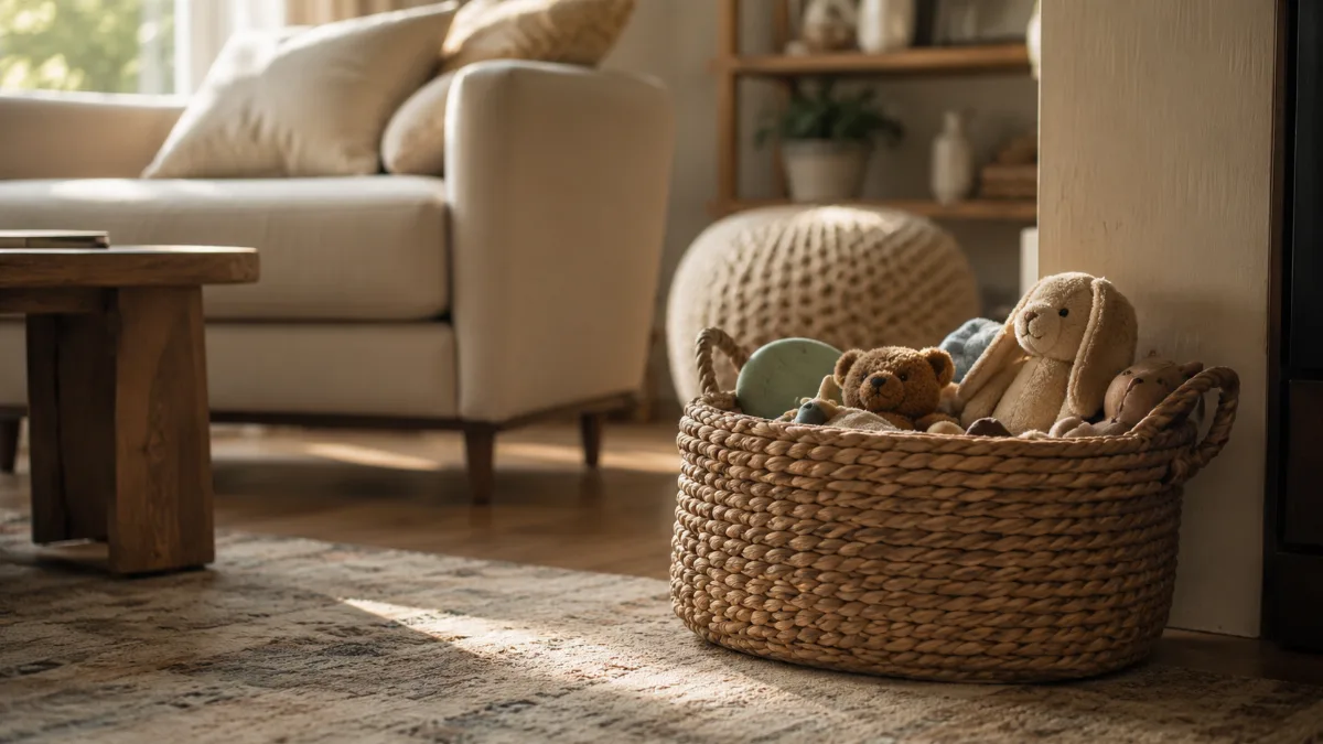 Family living room with a basket of toys neatly tucked away