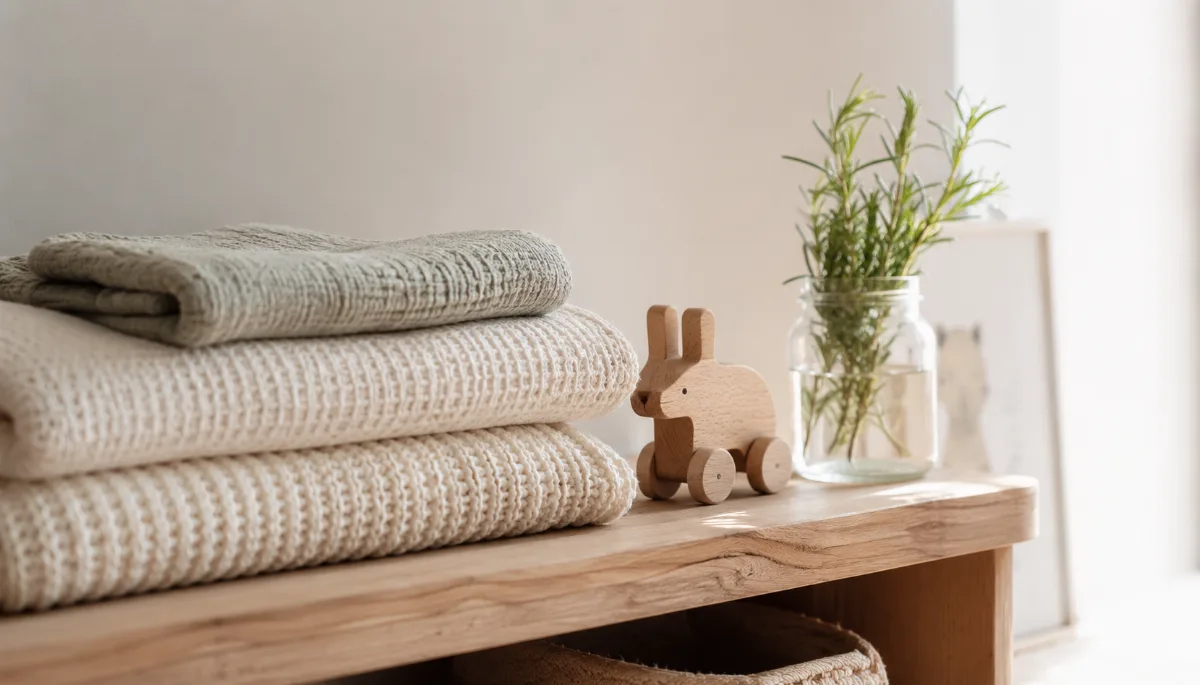 Simple nursery shelf with folded blankets and a small toy