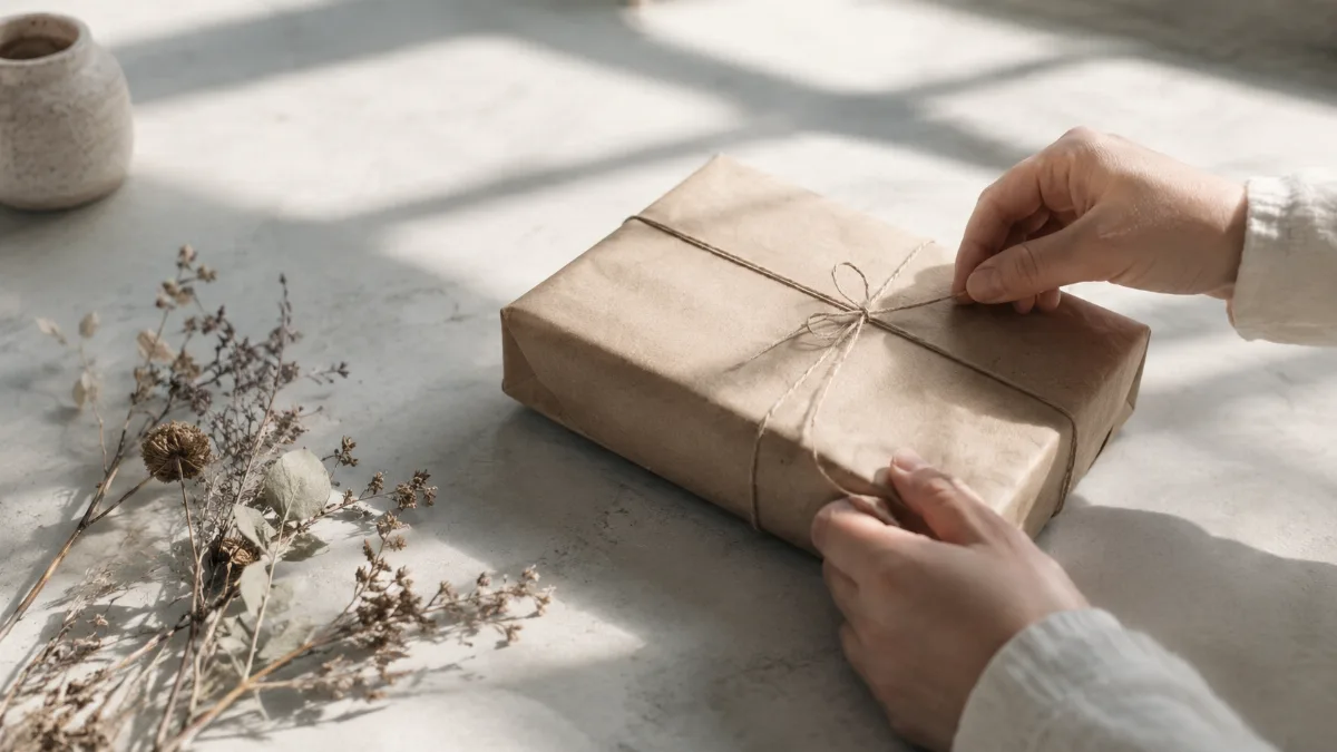 Single wrapped parcel tied with string beside dried foliage