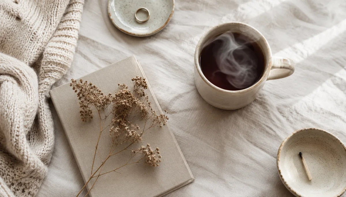 Serene styled vignette with neutral tones and soft daylight