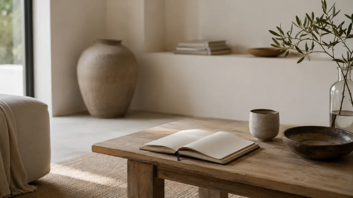 Calm minimalist interior with natural light and a few simple objects