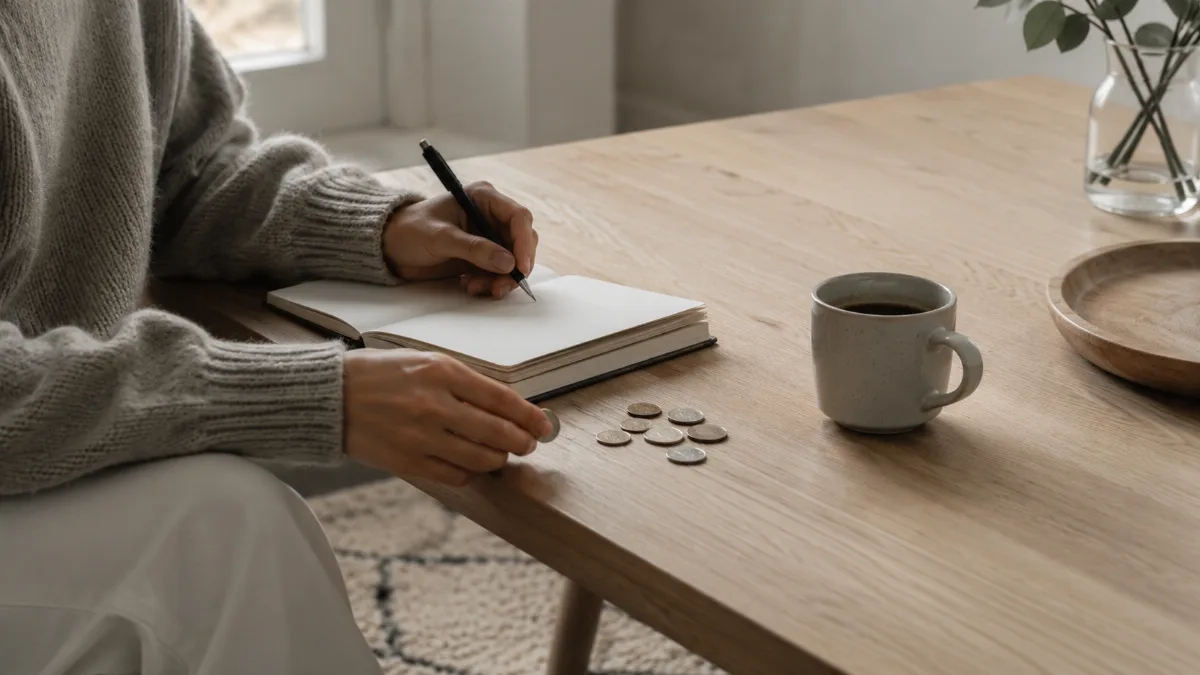 Kitchen table with a plain notebook, coins and a coffee cup