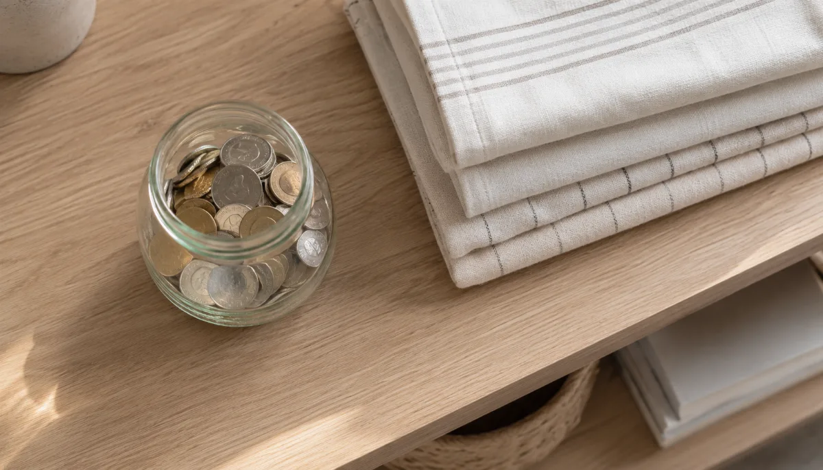 Glass jar of saved coins on a wooden shelf
