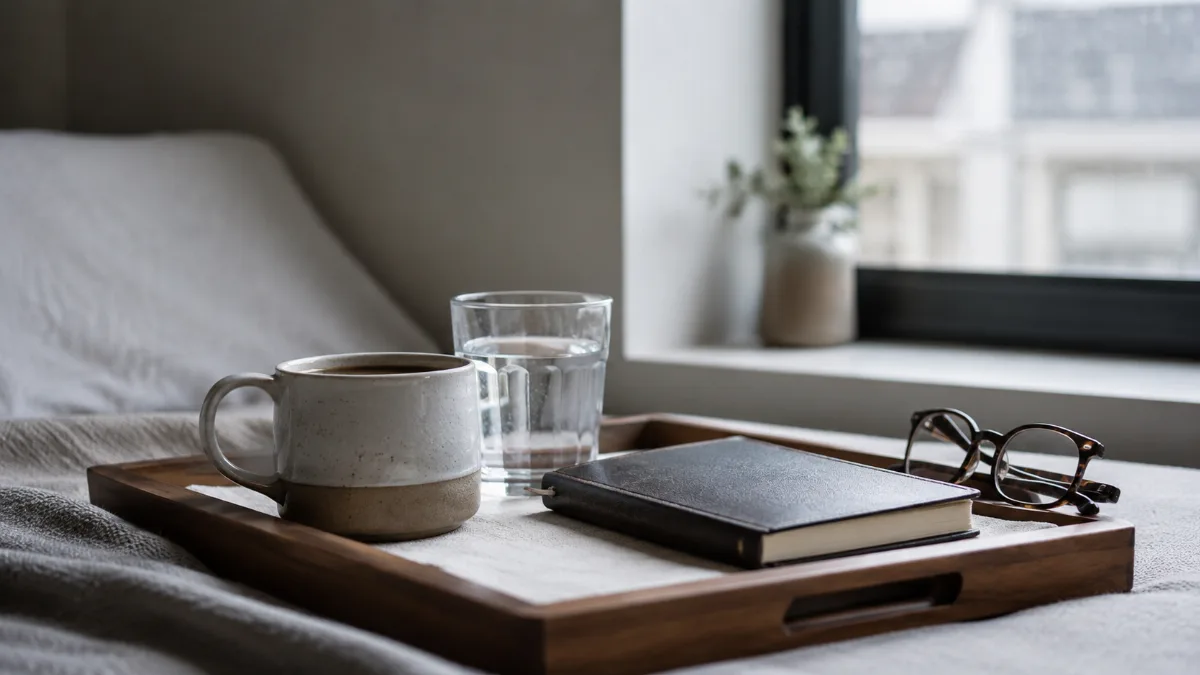 Simple morning tray with coffee, water and a small journal