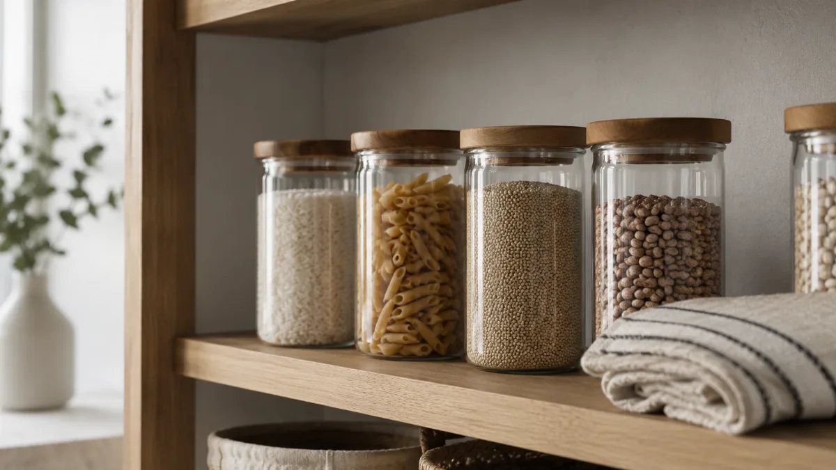 Minimalist pantry shelf with glass jars of staples