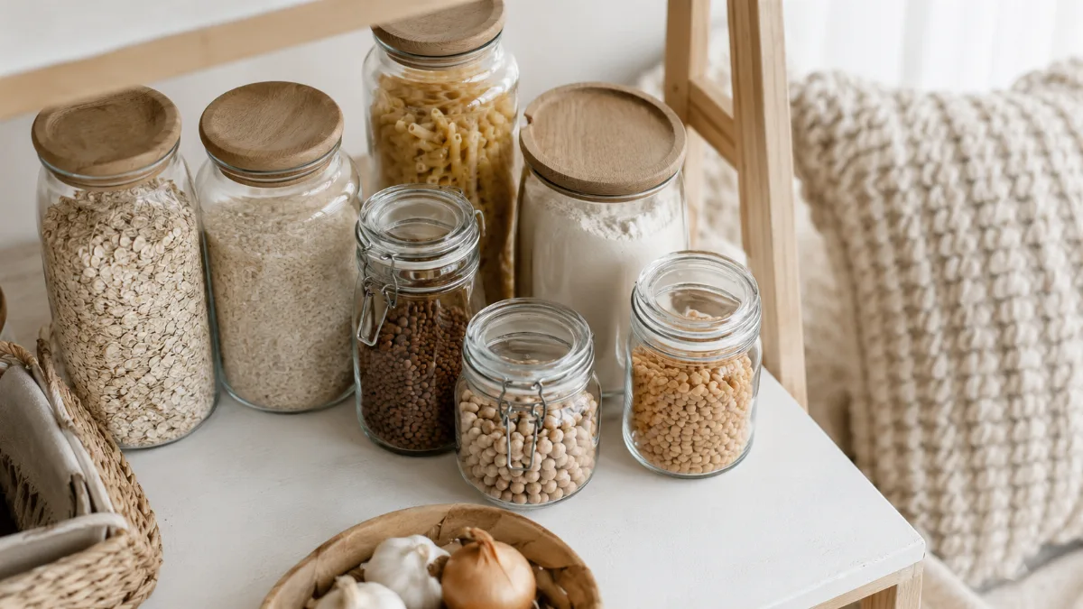 Minimalist pantry shelf with glass jars of staples