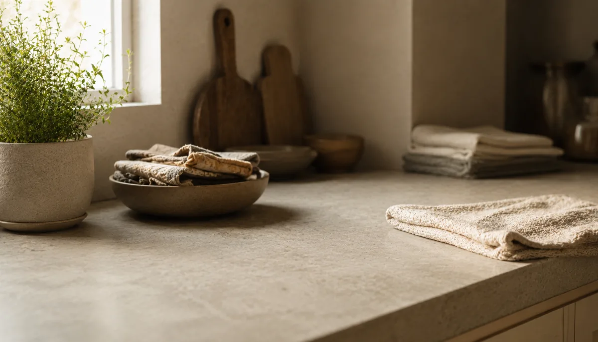 Freshly wiped kitchen counter with a cloth and a small plant
