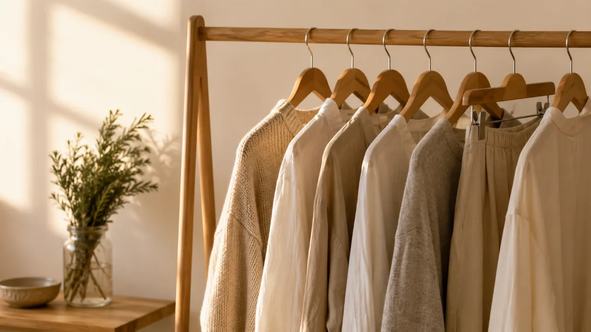 Clothing rail holding a tidy capsule of neutral garments