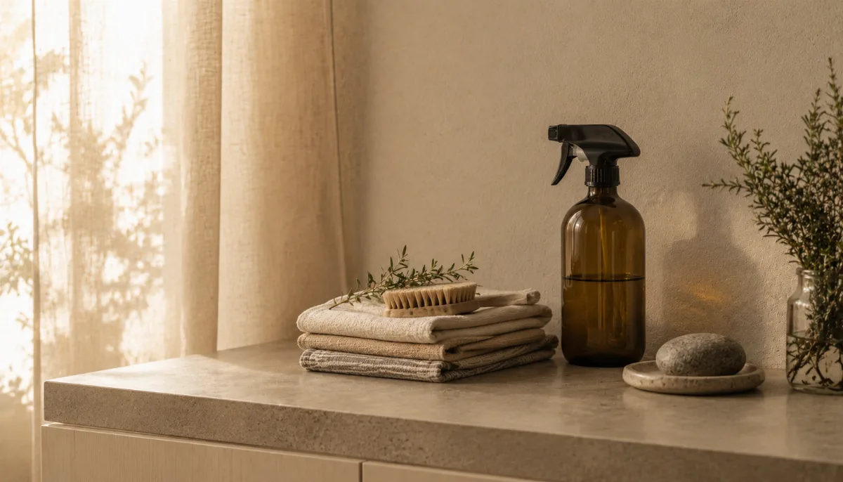 Neatly arranged cleaning cloths and a refillable spray bottle on a clean surface