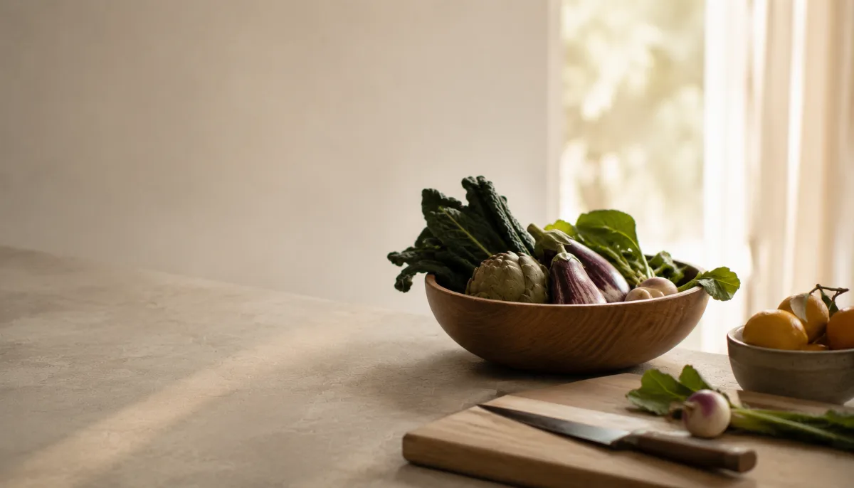Wooden bowl of vegetables beside a chopping board