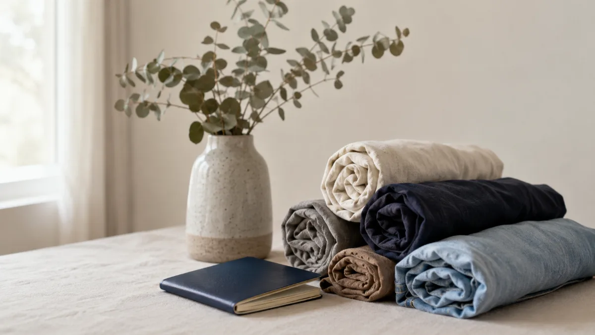 Rolled clothes and a passport arranged on a clean surface
