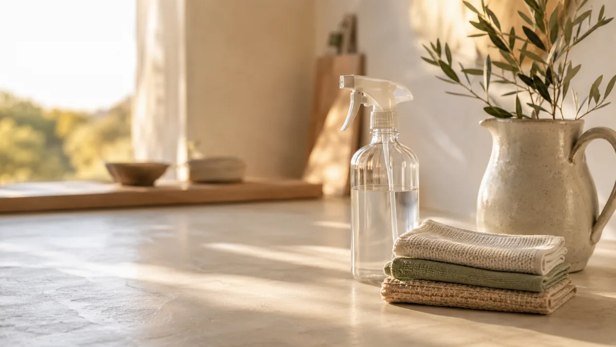 Neatly arranged cleaning cloths and a refillable spray bottle on a clean surface