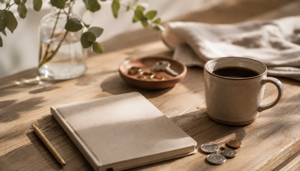Kitchen table with a plain notebook, a few coins and a cup of coffee