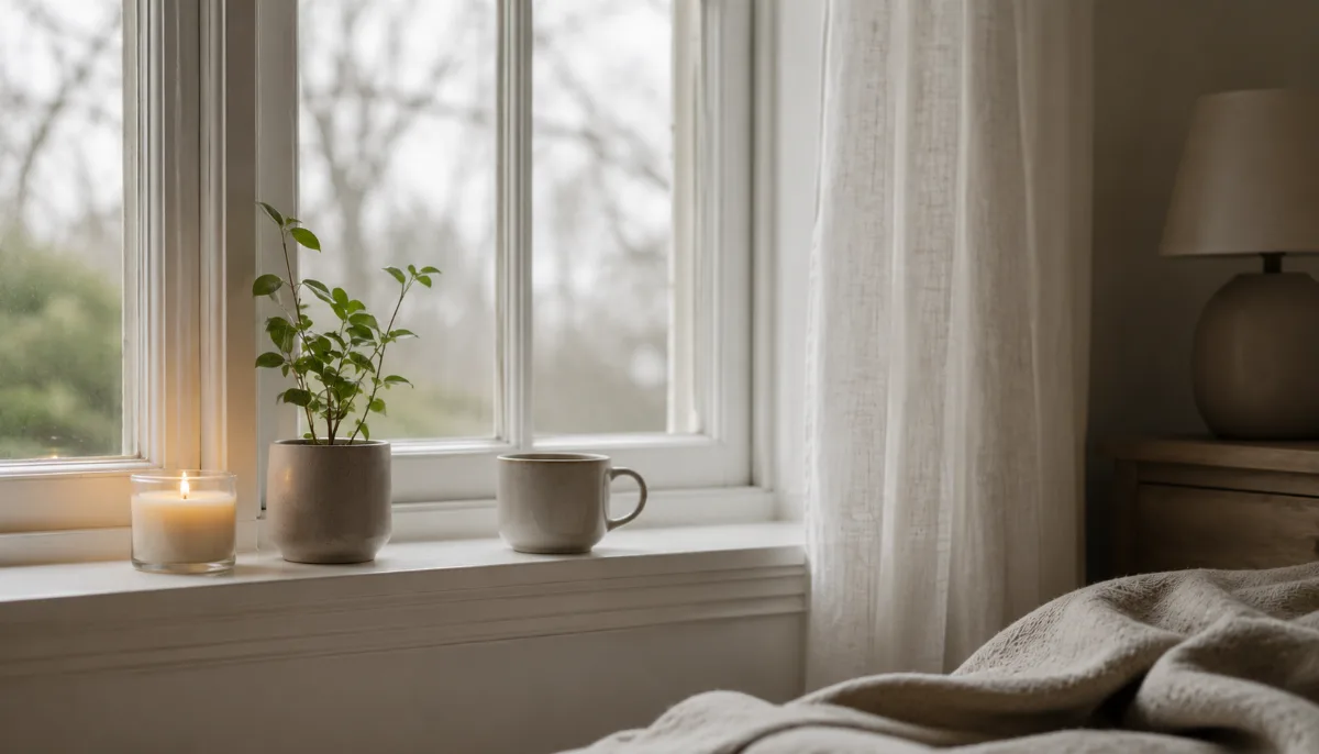 Serene windowsill with a candle and a small plant
